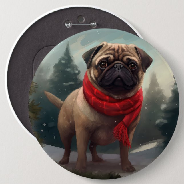Pug Hund i Snö Jul Knapp (Framsida & baksida)