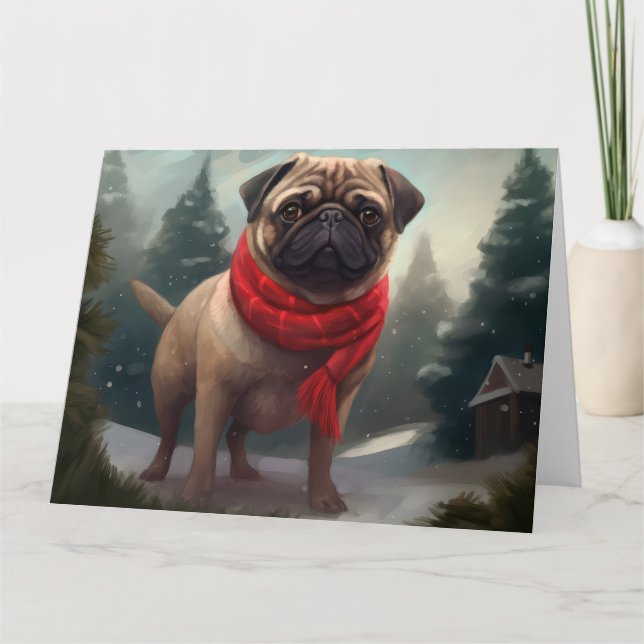Pug Hund i Snö Jul Kort (Framsida)