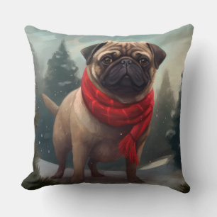 Pug Hund i Snö Jul Kudde
