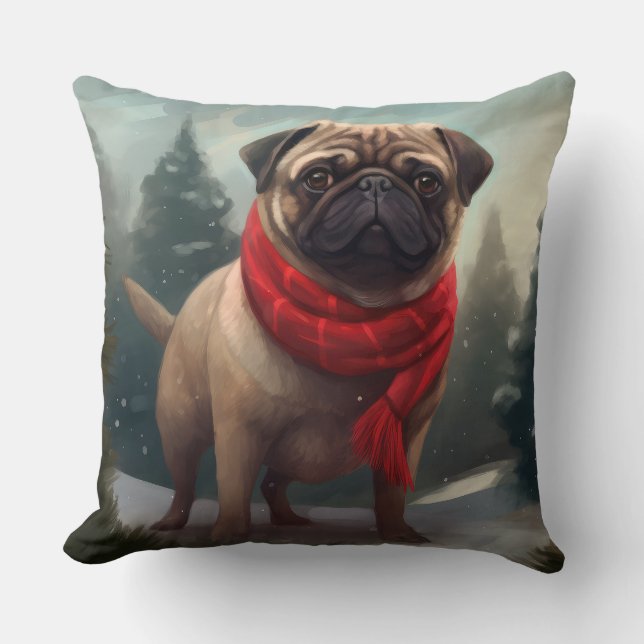 Pug Hund i Snö Jul Kudde (Framsida)