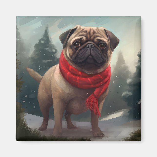 Pug Hund i Snö Jul Magnet (Framsidan)