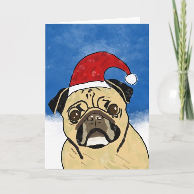 Pug Hund i Snö, julfärgsfärg Art Porträtt Helgkort (Framsida)