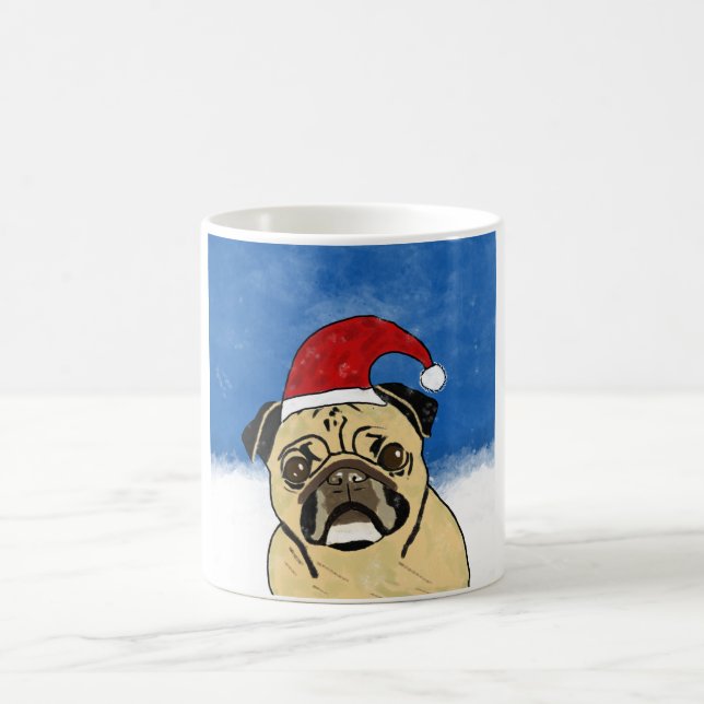 Pug Hund i Snö, julfärgsfärg Art Porträtt Kaffemugg (Center)