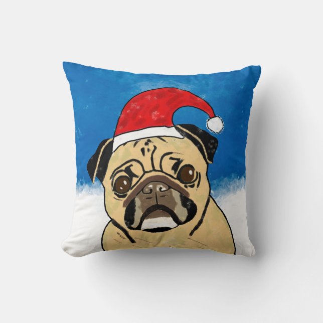 Pug Hund i Snö, julfärgsfärg Art Porträtt Kudde (Framsida)