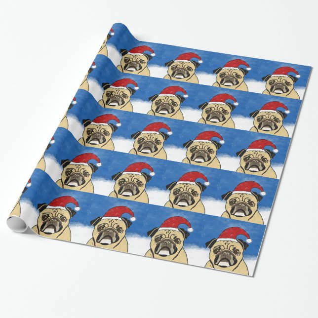 Pug Hund i Snö, julfärgsfärg Art Porträtt Presentpapper (Utrullad)