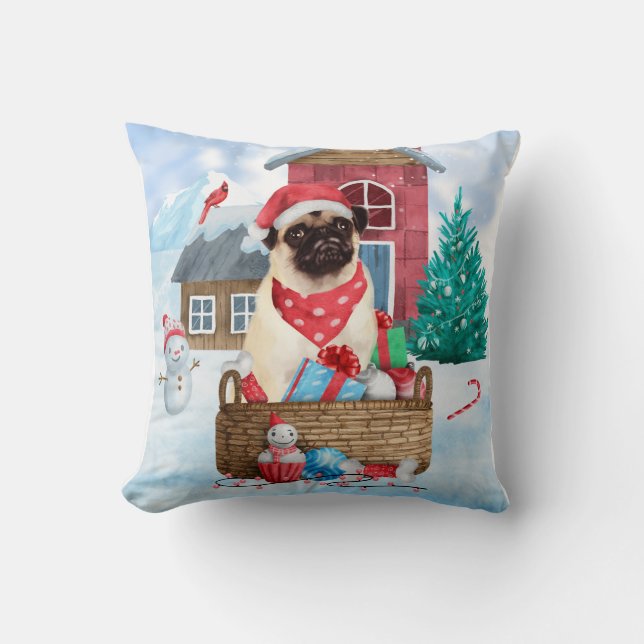 Pug Hund i snö julhus Hund House Kudde (Framsida)