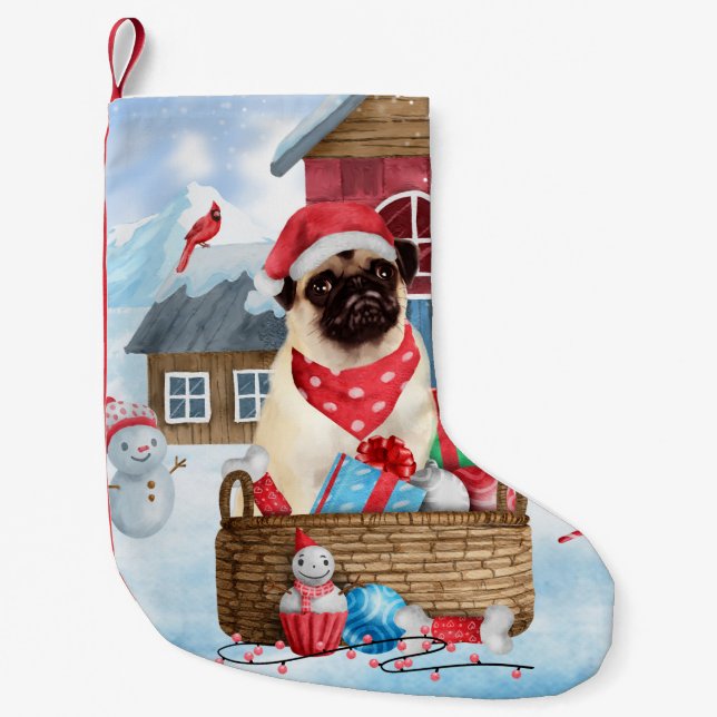 Pug Hund i snö julhus Hund House Liten Julstrumpa (Framsidan)