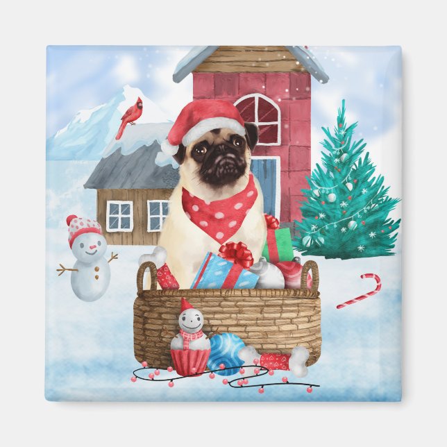 Pug Hund i snö julhus Hund House Magnet (Framsidan)