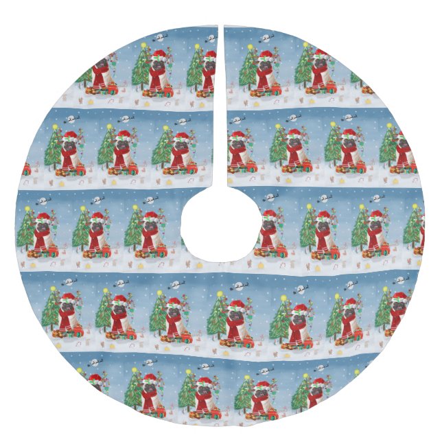 Pug Hund i Snö med julklappar Julgransmatta Borstad Polyester (Framsidan)