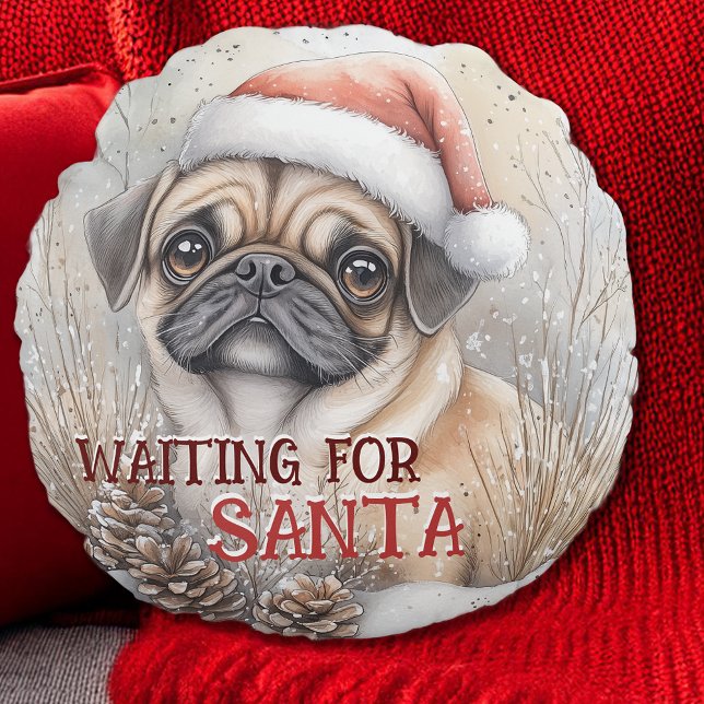 Pug Hund i väntan på jultomtens vattenfärg Rund Kudde (Pug Dog Waiting For Santa Christmas Watercolor Custom Round Pillow; personalize the message)