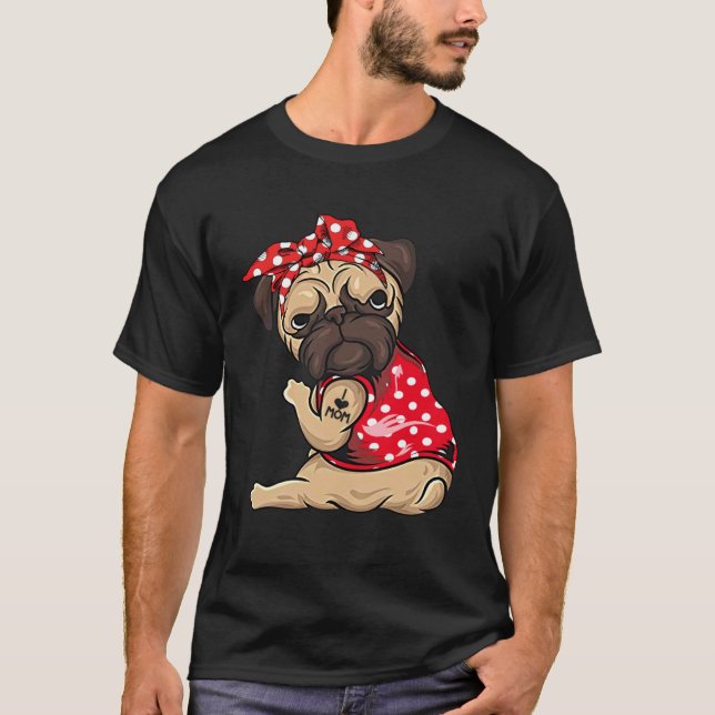 Pug Hund Jag älskar mamma tatuering T Shirt (Framsida)
