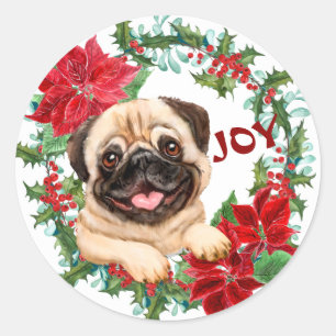 Pug Hund Joy Poinsettia jul Utandning Runt Klistermärke