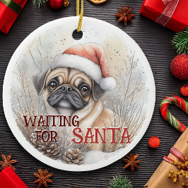 Pug Hund-jul i väntan på Santa Hund Watercolor Julgransprydnad Keramik