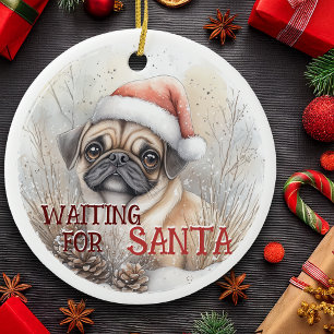 Pug Hund-jul i väntan på Santa Hund Watercolor Julgransprydnad Keramik