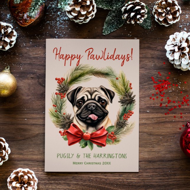 Pug Hund jul Lycklig Pawlidays Howlidays Julkort (Skapare uppladdad)