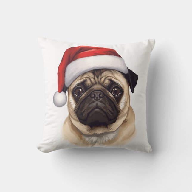 Pug Hund Julhatt God Jul Konst Kudde (Framsida)