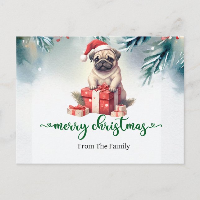 Pug Hund jultema vykort (Framsida)