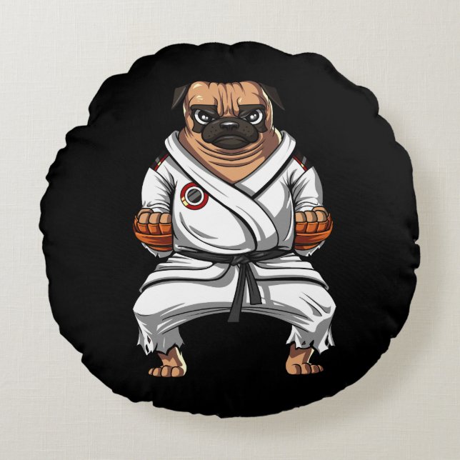 Pug Hund Karate Ninja Martial Arts Pet Rund Kudde (Framsidan)