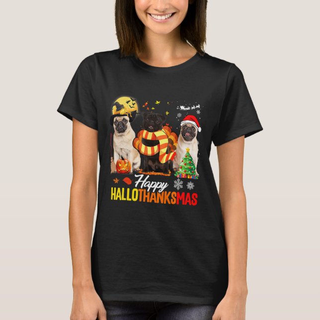 Pug Hund Lycklig Hallothanksmas Cute Pug Hund Than T Shirt (Framsida)