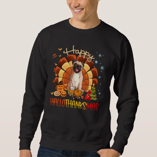 Pug Hund Lycklig Hallothanksmas Halloween Thanksgi Lång Ärmad Tröja (Framsida)