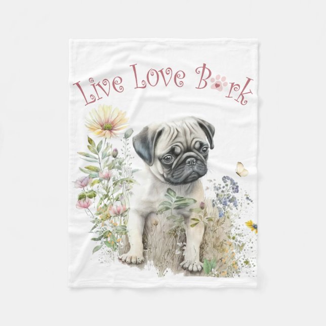 Pug Hund Mamma Blommigt Fleecefilt (Framsidan)