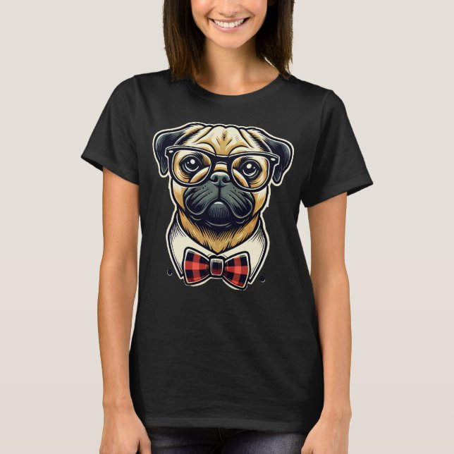 Pug Hund med glasögon Pap Art Stil T Shirt (Framsida)