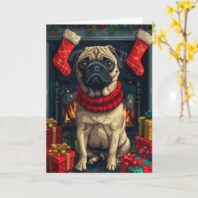 Pug Hund med julklappar Kort (Gul blomma)