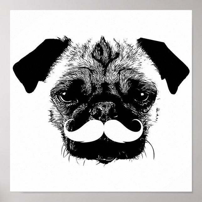 Pug Hund med Mustache Black & White Poster (Framsidan)