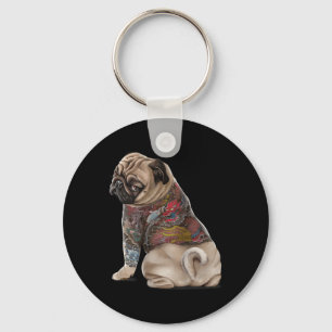 Pug Hund med traditionell japansk dragvagnstatueri Nyckelring