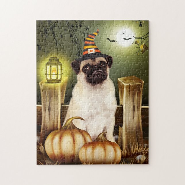 Pug Hund med Witch Hat Halloween Pussel (Vertikal)