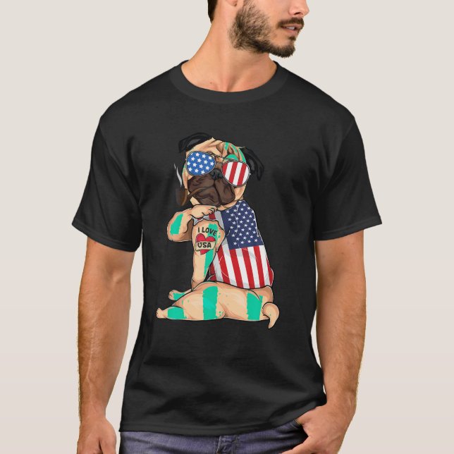 Pug hund Merica 4th of july usa american flagga ma T Shirt (Framsida)