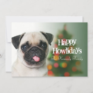 Pug hund mot Julgran med bokeh Julkort
