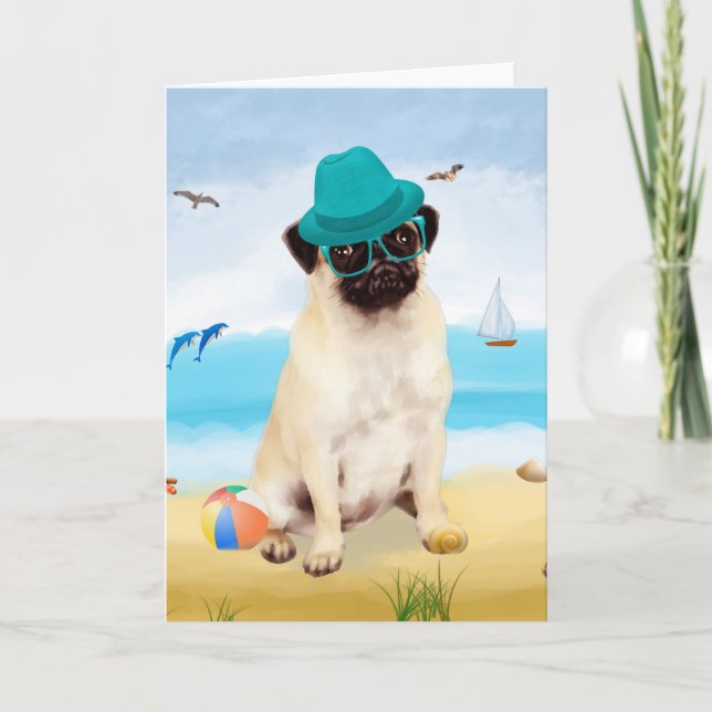 Pug Hund på Beach Kort (Framsida)