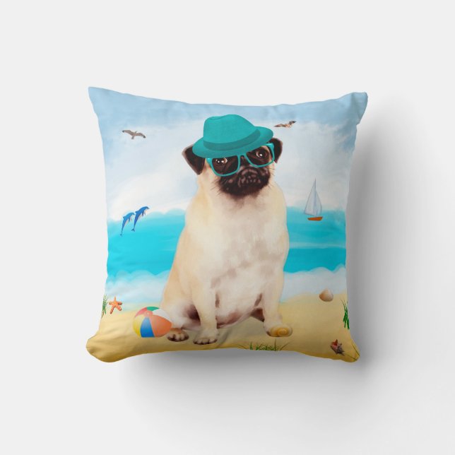Pug Hund på Beach Kudde (Framsida)