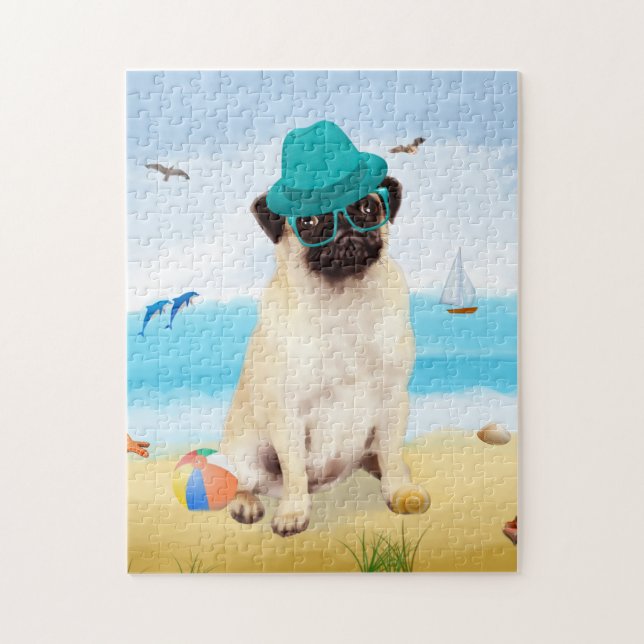 Pug Hund på Beach Pussel (Vertikal)