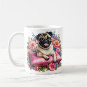 Pug Hund på en påfyllning med blommor i vattenfärg Kaffemugg