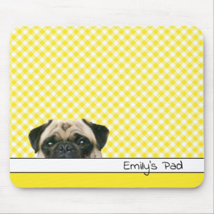 Pug Hund på Gult Gingham Musmatta