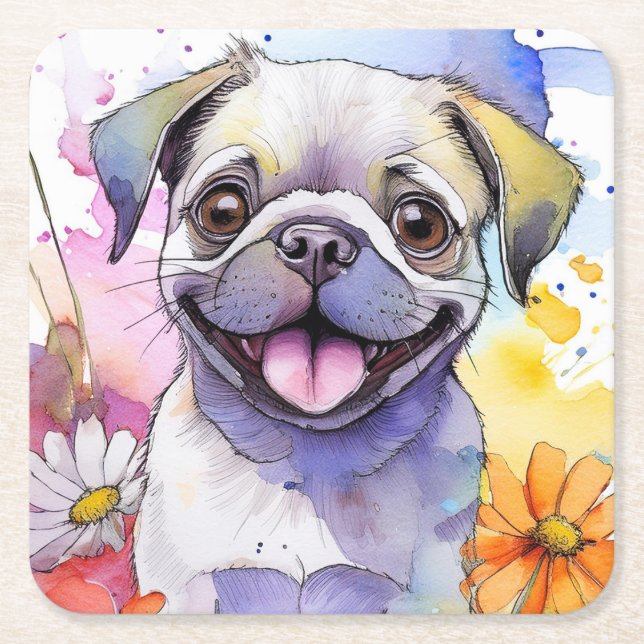 Pug Hund Papper Underlägg Kvadrat (Framsidan)