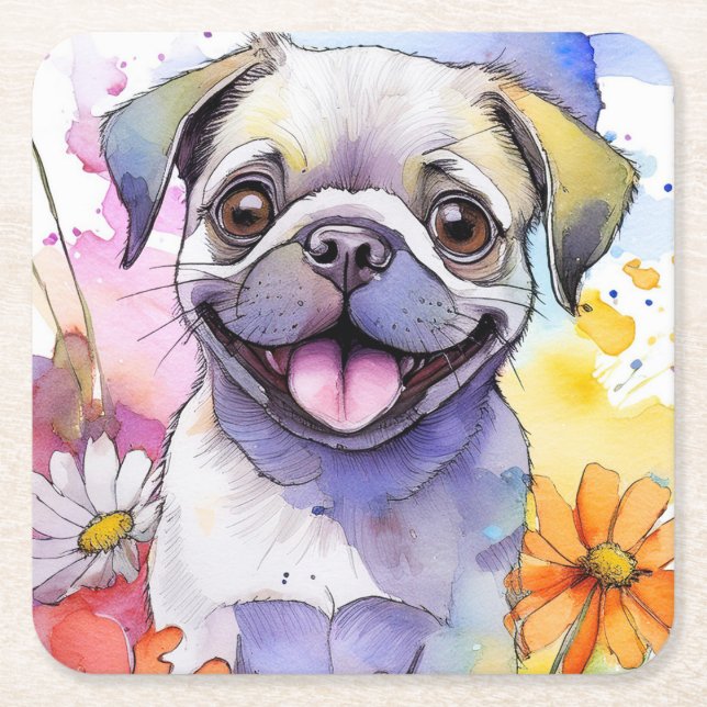 Pug Hund Papper Underlägg Kvadrat (Framsidan)