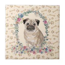 Pug Hund Paw Print Blommigt Cute Beige