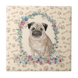 Pug Hund Paw Print Blommigt Cute Beige Kakelplatta