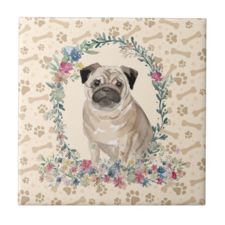 Pug Hund Paw Print Blommigt Cute Beige Kakelplatta