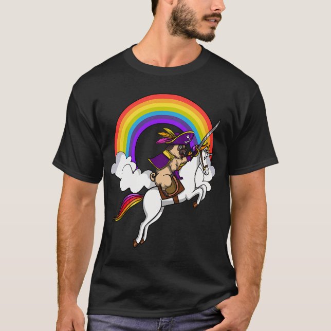 Pug Hund Pirat Ridande Enhörning T Shirt (Framsida)