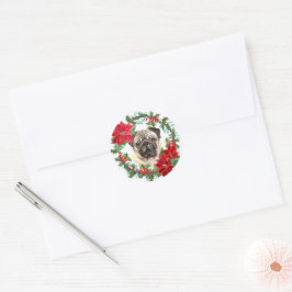 Pug Hund Poinsettia Holly-julfransens andetag Runt Klistermärke