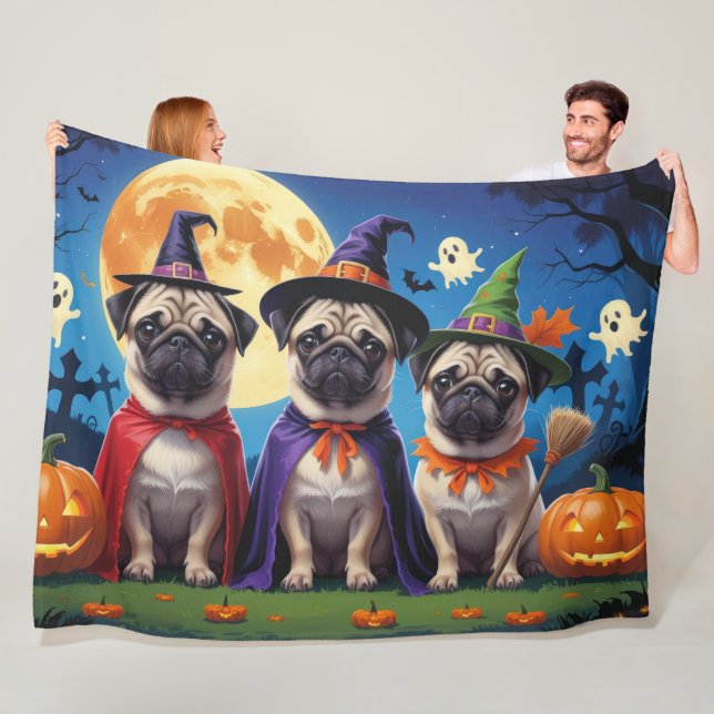 Pug Hund Pumpkin Halloween Funny Fleecefilt (På plats)