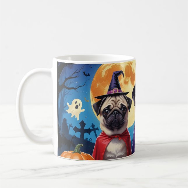 Pug Hund Pumpkin Halloween Funny Kaffemugg (Vänster)