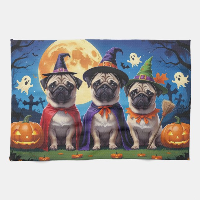 Pug Hund Pumpkin Halloween Funny Kökshandduk (Horisontell)