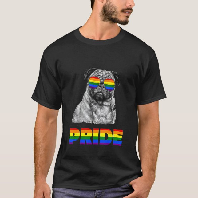 Pug Hund Rainbow Flagga Sunglasses Gay Lesbisk Pri T Shirt (Framsida)