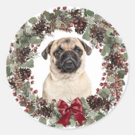 Pug Hund Red Bow Pinecone God Jul Runt Klistermärke
