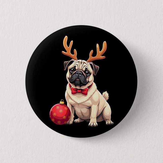 Pug Hund Reindeer Julafton Hund älskare Funny Fami Knapp (Framsida)